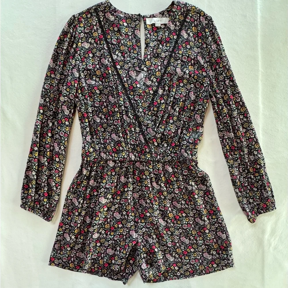 LOFT Floral Long Sleeve Lightweight Romper with Pockets (XS)